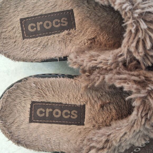 Crocs Clog Cobbler Eva Brown Suede Faux Fur Lined Slip On Mule Chunky Boho sz 7 - Picture 10 of 12